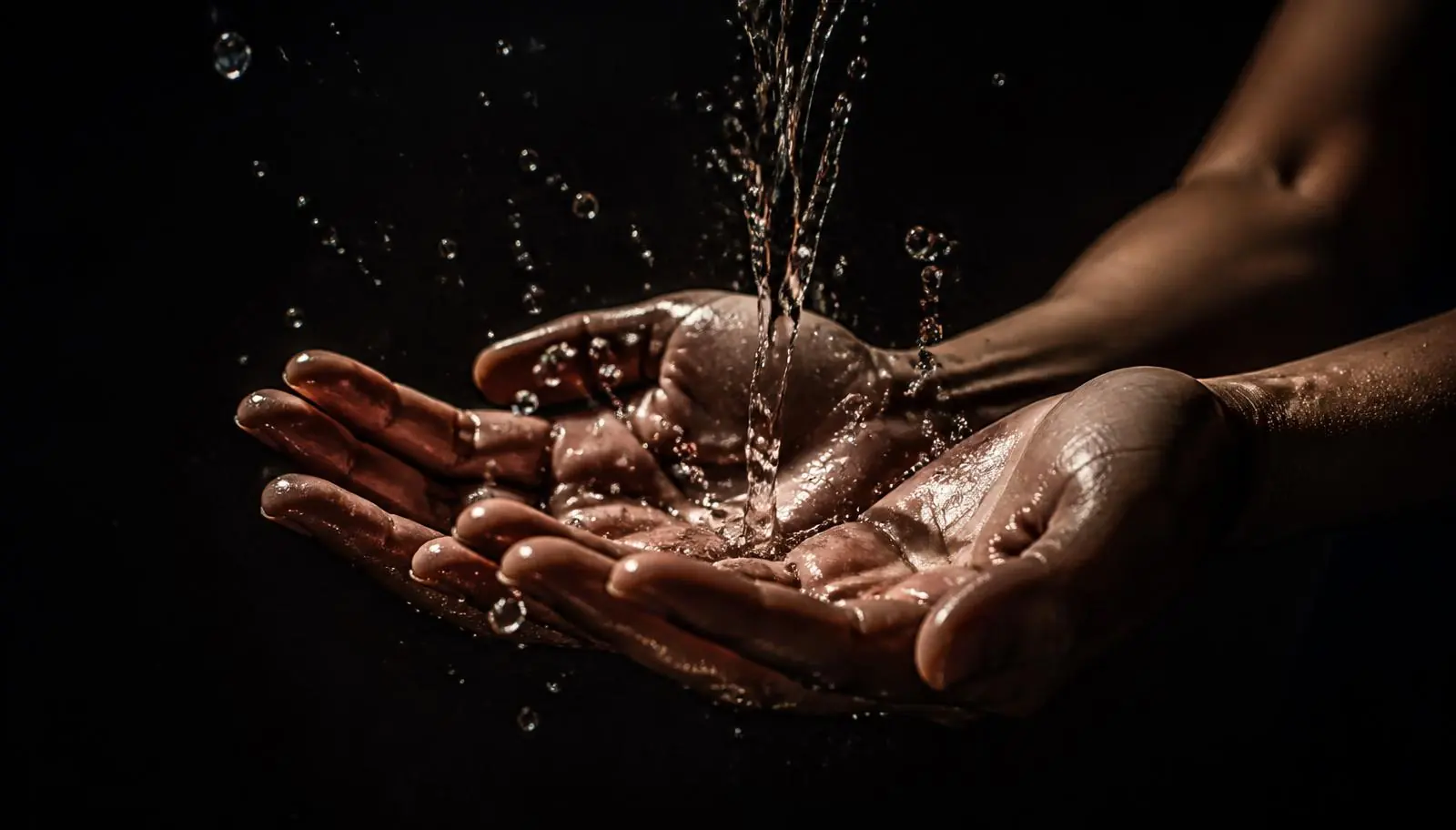 Hände fangen Wassertropfen im Dunkeln