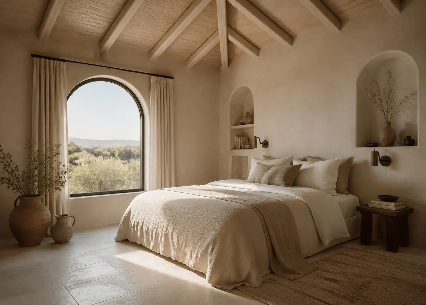 Helles Zimmer im Son Blanc Farmhouse mit Balkendecke, Leinenbett und Bogenfenster